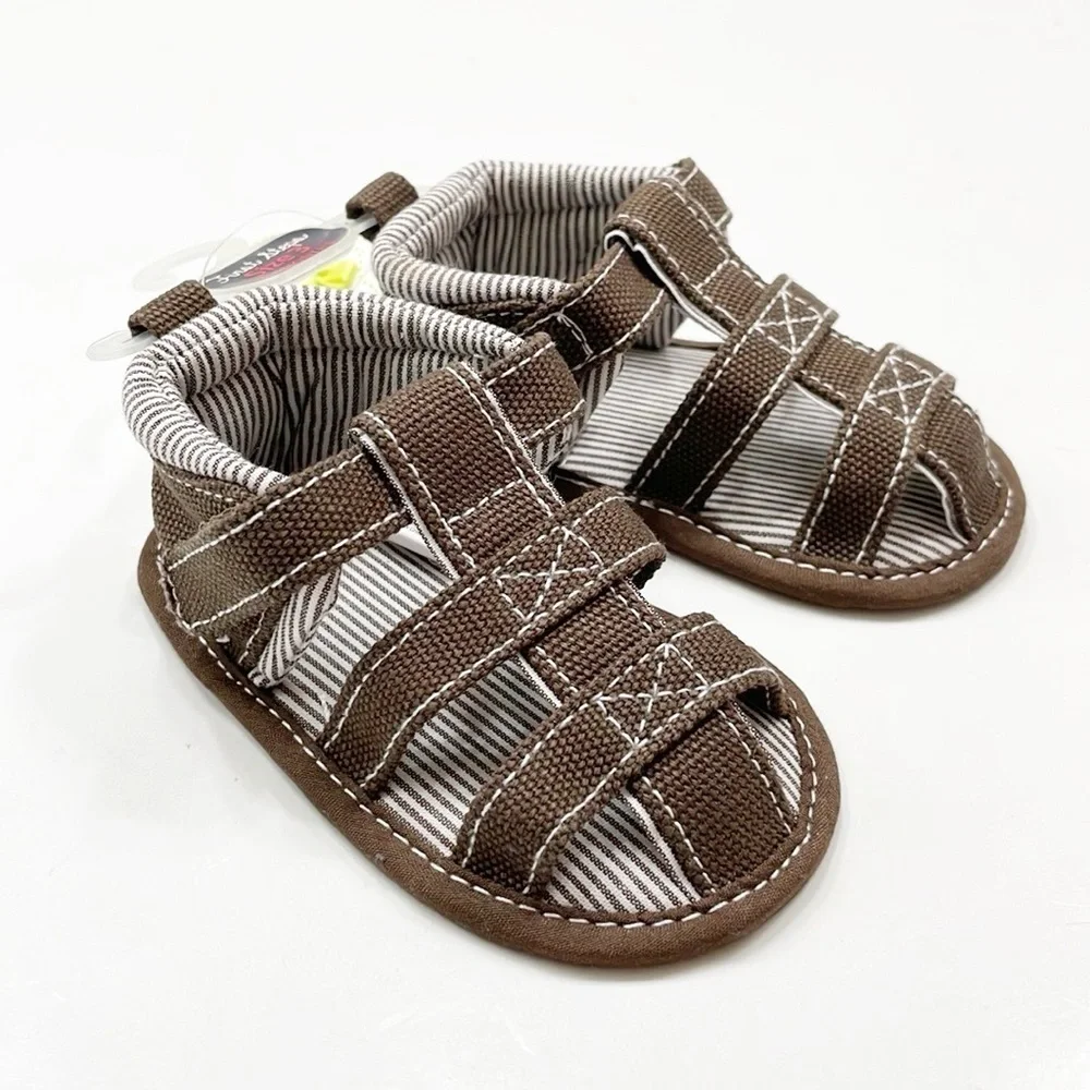 NEW First Steps chocolate canvas w/stripe baby sandals